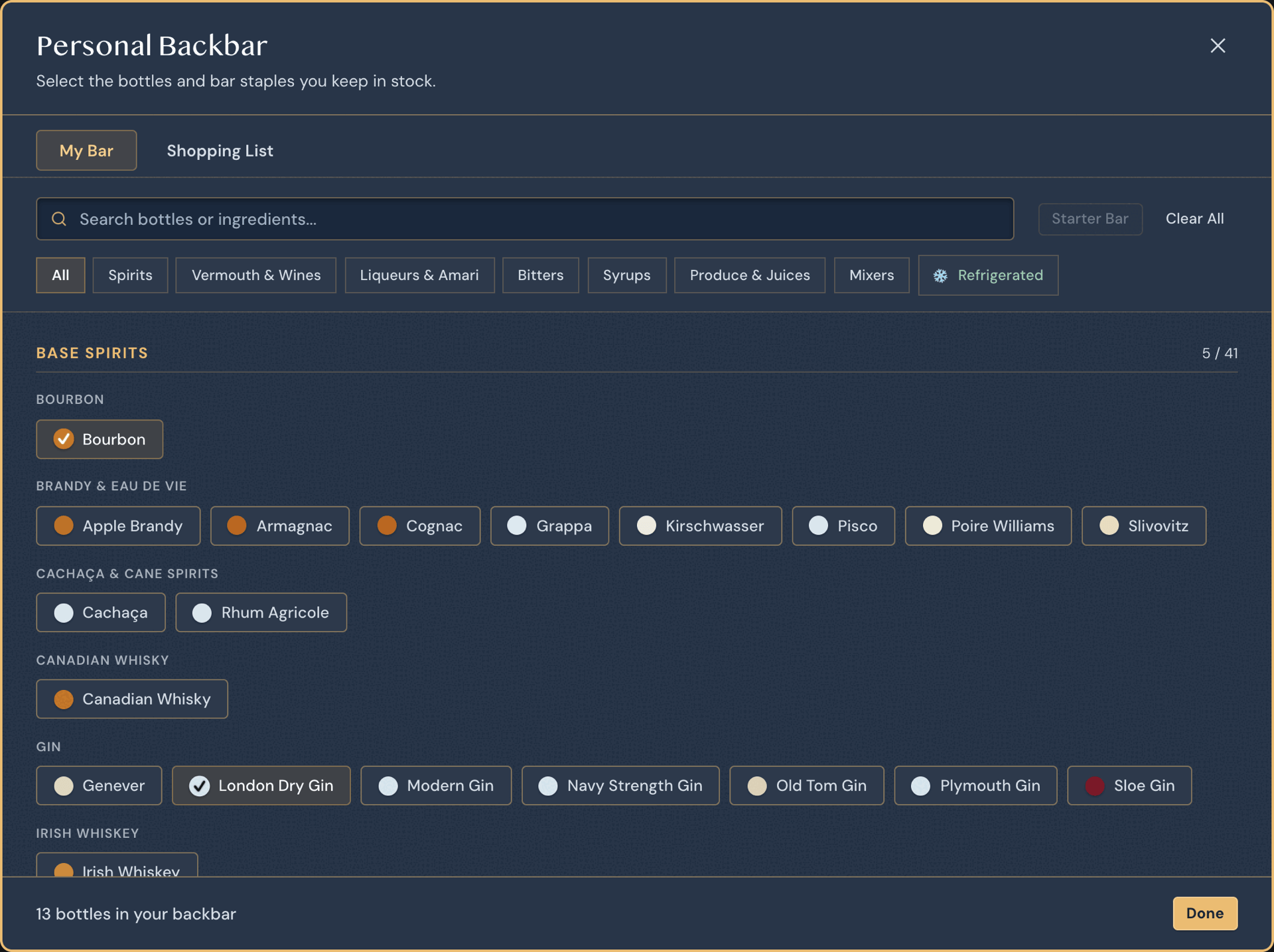 Personal Backbar modal with My Bar tab open