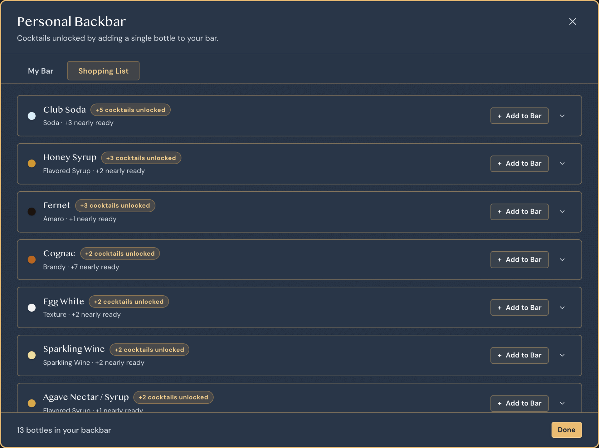 Smart Shopping List ranking ingredients by cocktails unlocked