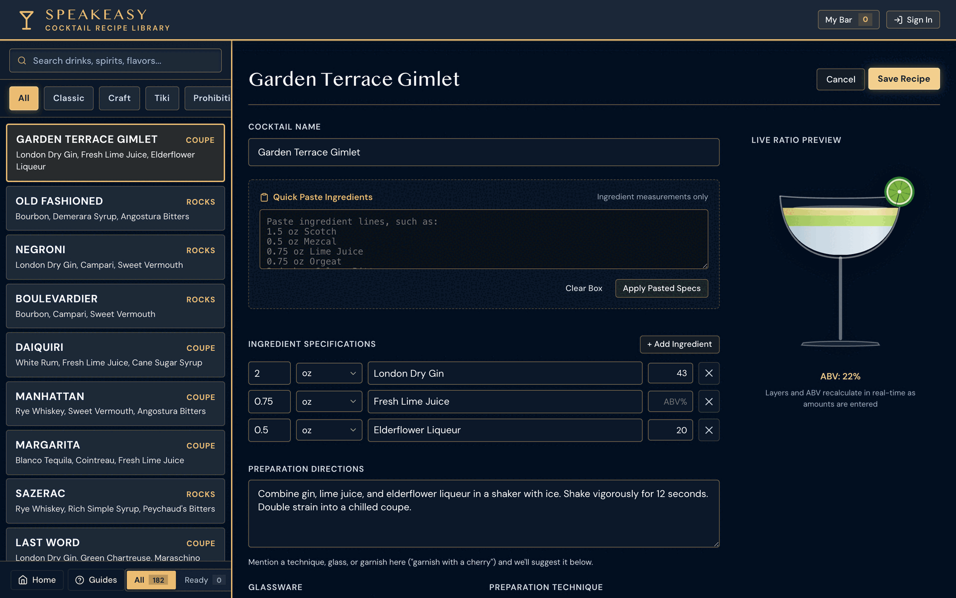 Edit Recipe form pre-filled with an existing cocktail's specs