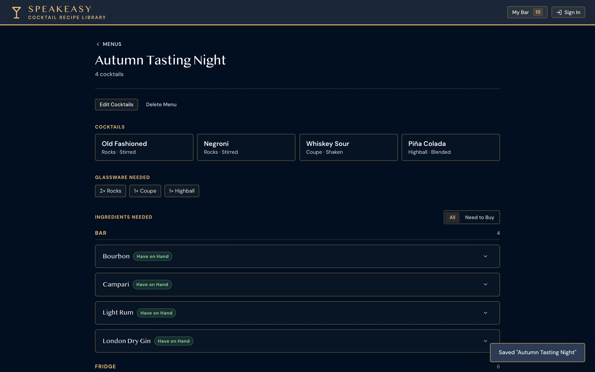 Saved event menu showing glassware needed and an ingredient checklist
