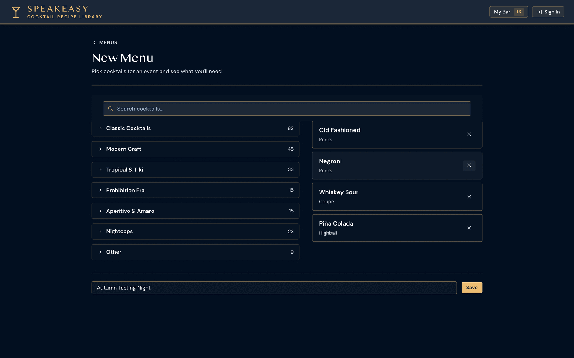 Menu Builder cocktail picker with categories and a running selection