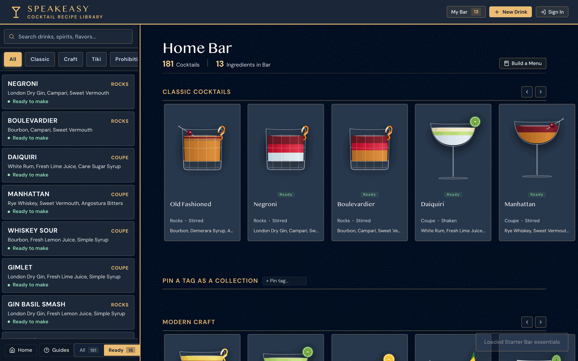 Home Bar view filtered to Ready-to-make cocktails