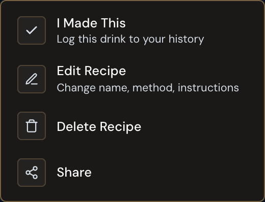 Recipe actions menu with I Made This, Edit Recipe, Delete Recipe, and Share