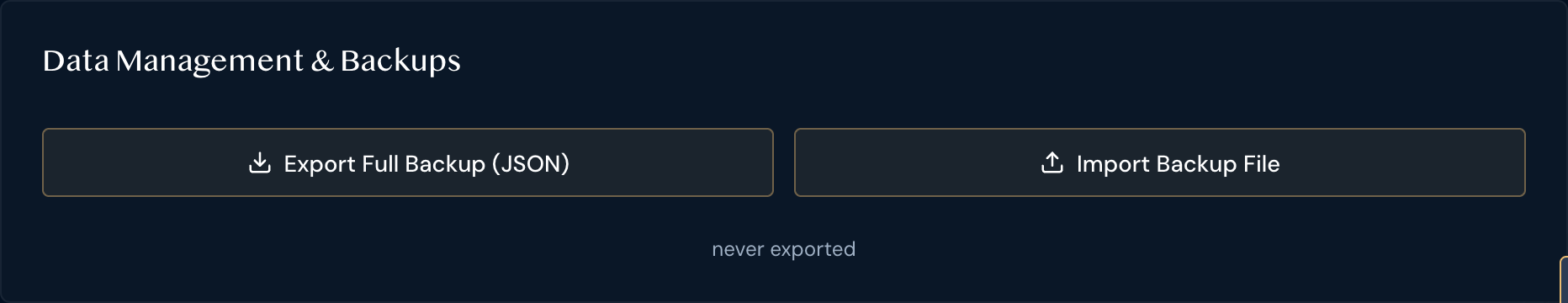 Data Management and Backups export and import buttons